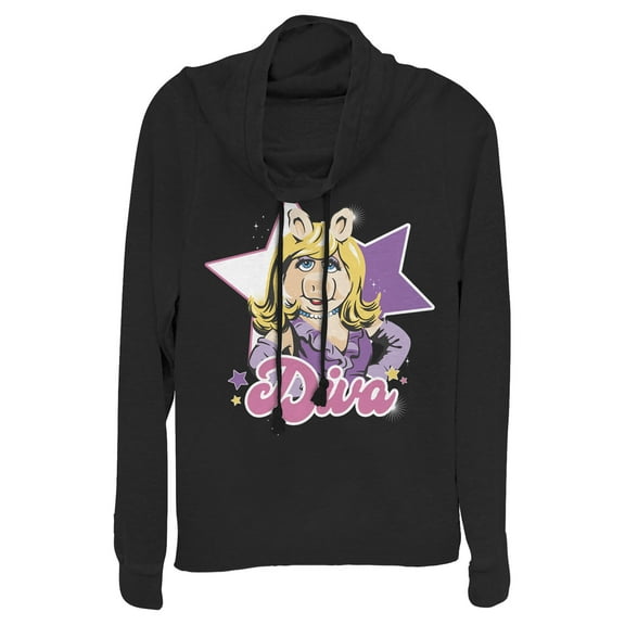 Junior's The Muppets Diva Piggy  Cowl Neck Sweatshirt Black 4X Large