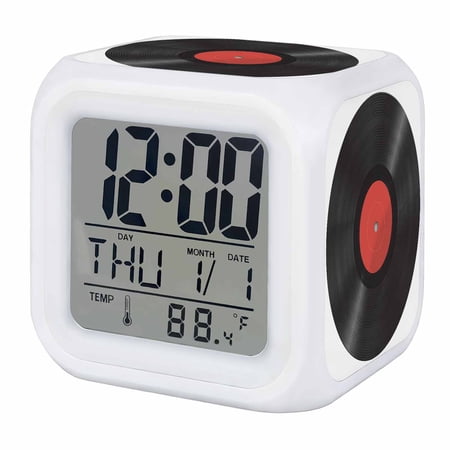 Retro Record Digital Alarm Clock for Bedrooms, Smart LED Alarm Clock with 7 Color Changing Night Light, Abstract Vintage Minimalist Art Silent Wake Up Clocks for Sleep Study Cooking 3.2x3.2