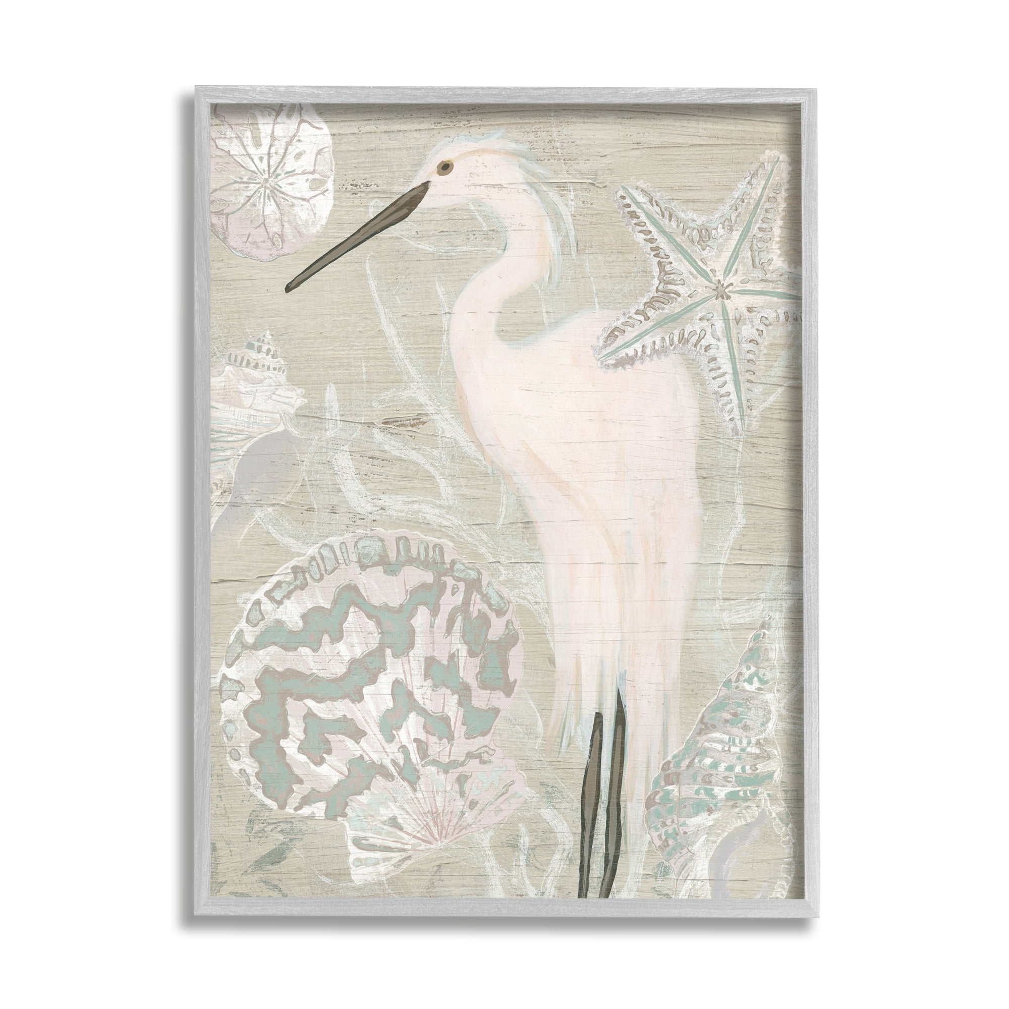 Stupell Industries Rustic Seashells Egret Bird Grainy Pattern Sign Graphic Art Gray Framed Art Print Wall Art, Design by June Erica Vess