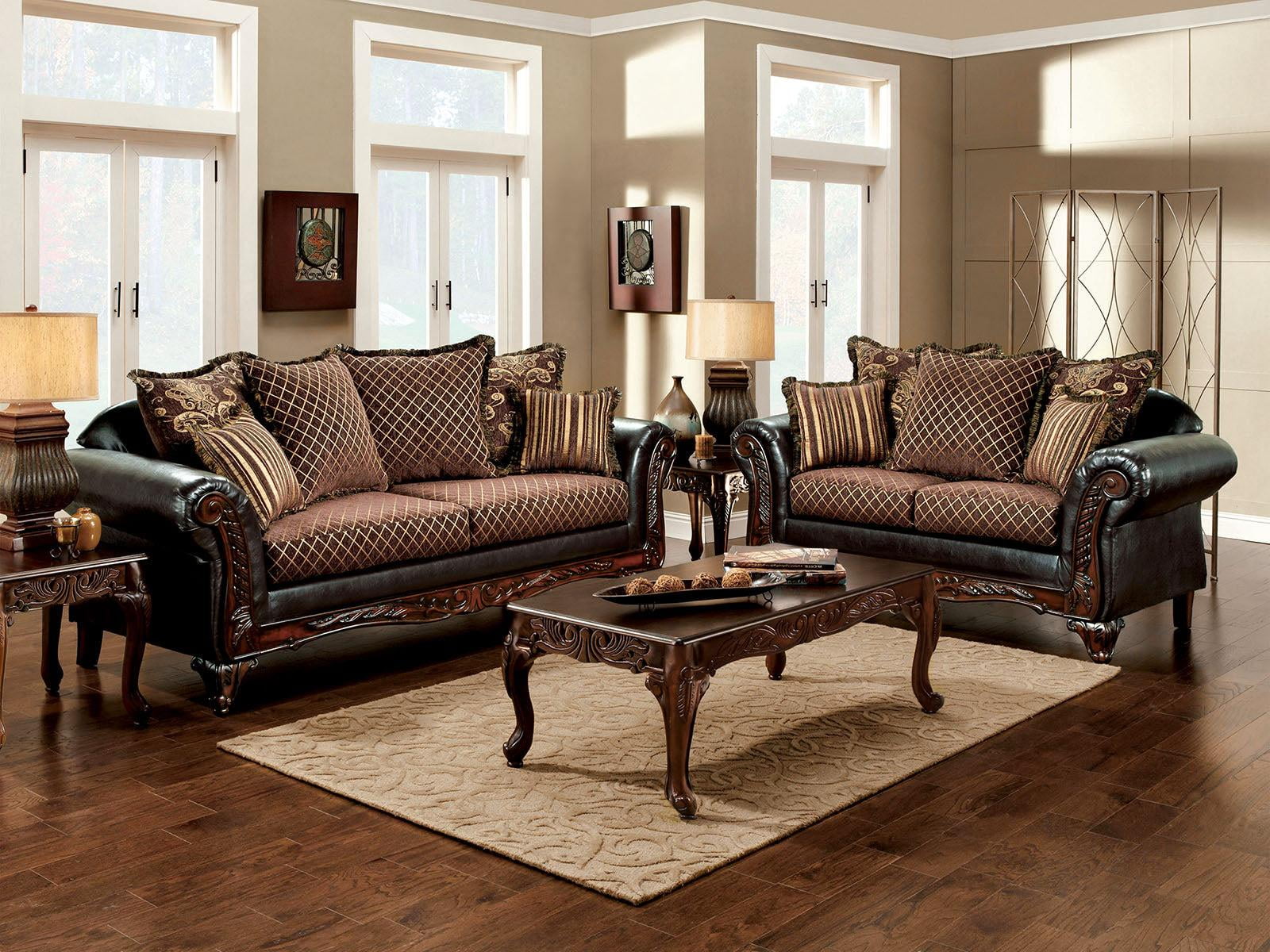 Traditional Brown & Espresso Living Room Set 6pcs FOA San Roque