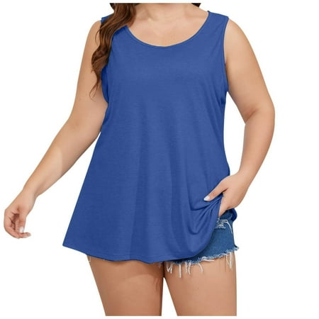 Trendy Sleeveless Strappy Tank - Women s 2025 Summer Solid Color Round Sports Large Size Tank Tops Built in Bra Tank Tops for Lady Style-25 Blue 5XL
