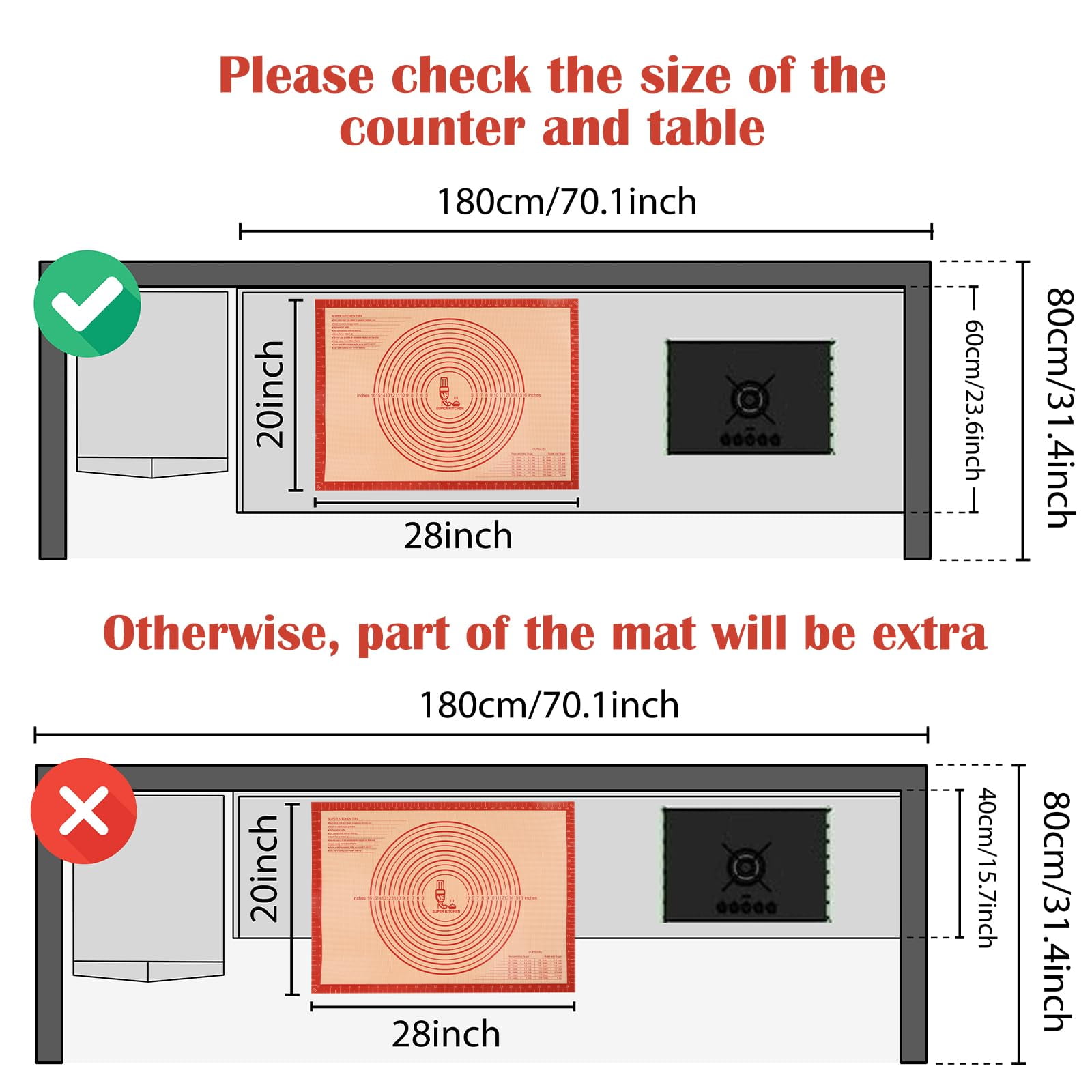 Non-slip Silicone Pastry Mat Extra Large With Measurements 28''by 20'' For Baking  Counter Dough Rolling Oven Liner Fondant/pie Crust By Red