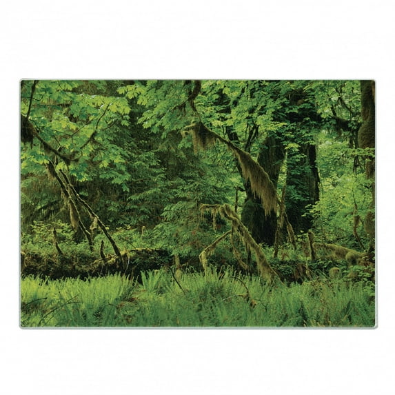 Rainforest Cutting Board, Trees with Moss Natural Paradise Silence in the Wild Nature Relaxation Illustration, Decorative Tempered Glass Cutting and Serving Board, Small Size, Green, by Ambesonne