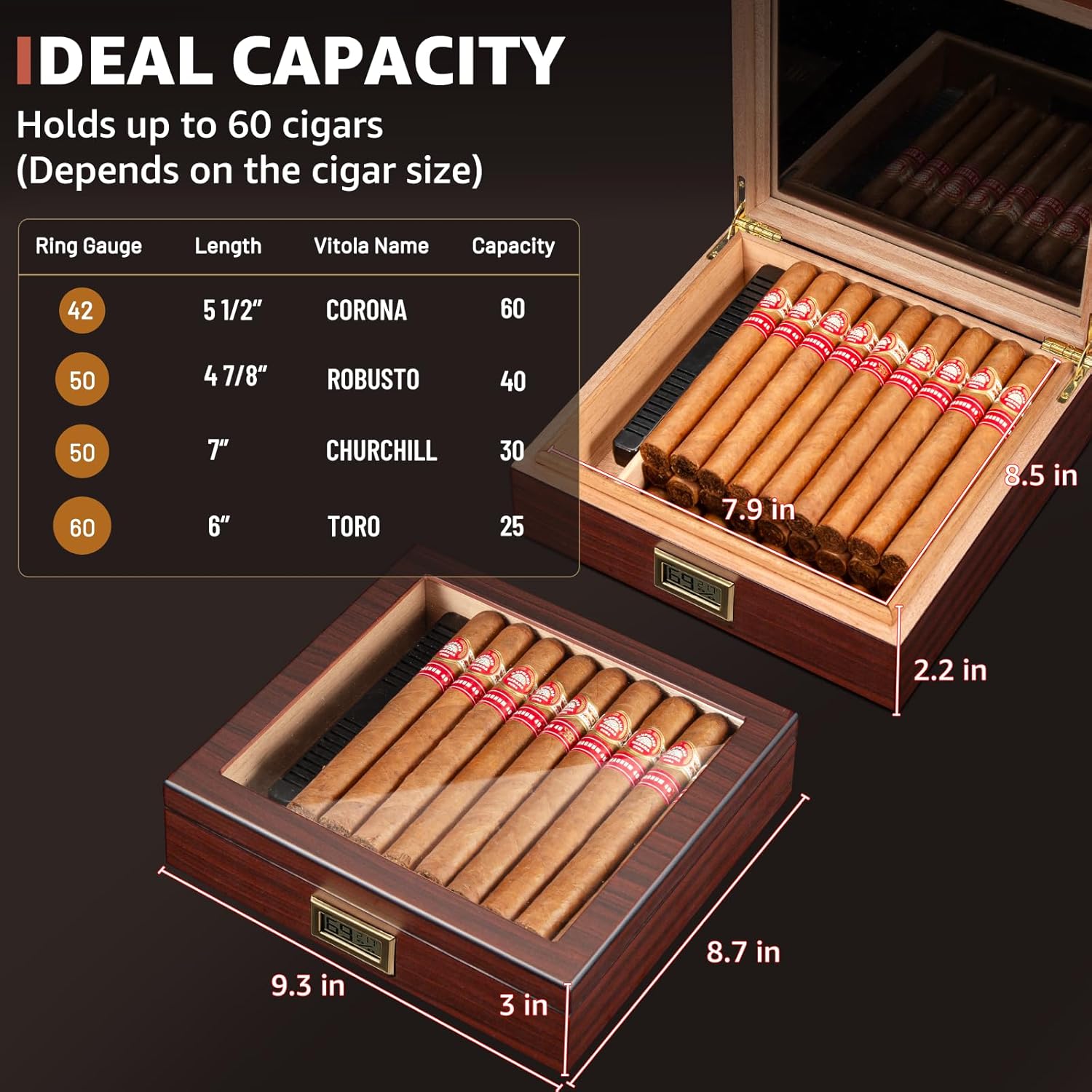 MY Cigar Humidor, Spanish Cedar Wood Humidor with Accurate Digital Hygrometer, Humidifier, Divider, Handcrafted Cigar Humidor Box Holds 40-60 Cigars, Gift for Cigar Lovers