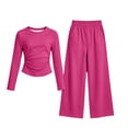 thumbnail image 5 of OGLCCG Girls 2 Piece Outfit Set, Ruched Long‑Sleeve Crop Top and Elastic Waist Wide Leg Pants Casual Tracksuit for Girls(Hot Pink,9-10 Years), 5 of 6