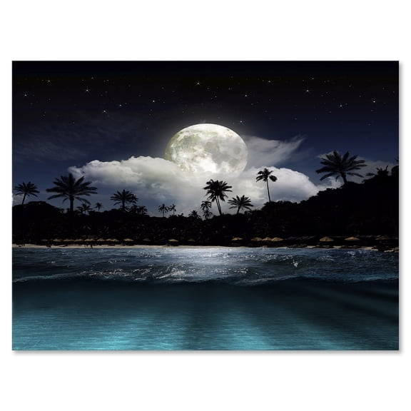 Designart ' Green Beach Under Tropical Full Moon ' Modern Canvas Wall Art Print