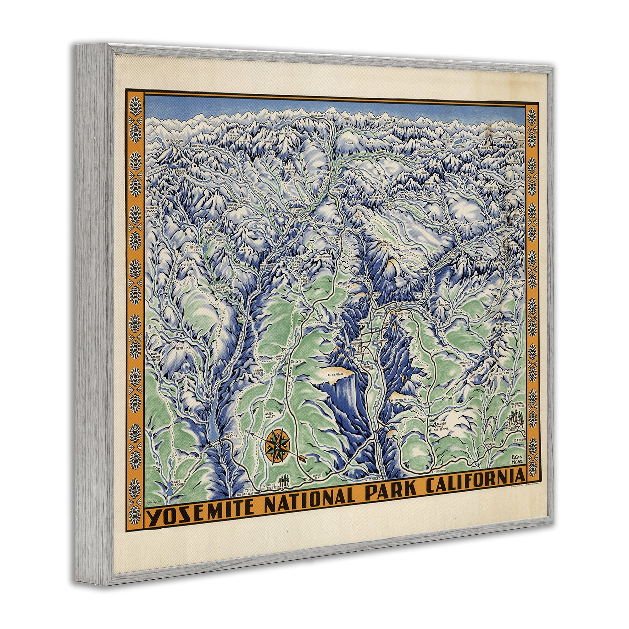 Stupell Industries Vintage Yosemite Map Travel & Places Painting Gray Framed Art Print Wall Art, 14 x 11