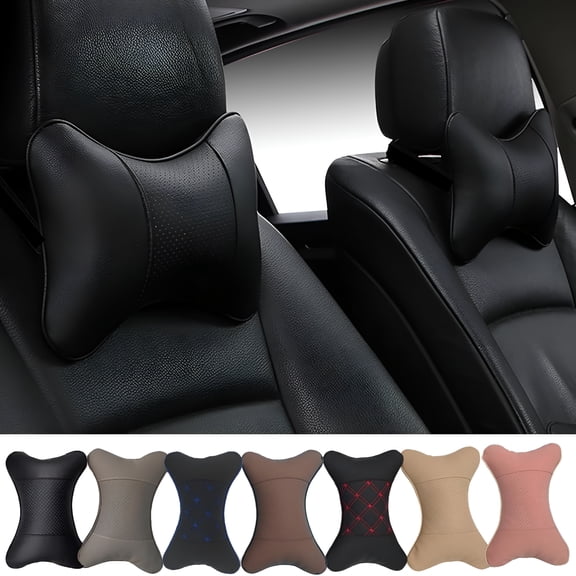 RIONIMA Car Neck Pillows Both Side Pu Leather 2Pieces Pack Headrest Fit for Most Cars Filled Fiber Universal Car Pillow (Black)