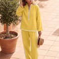 thumbnail image 4 of Szluipve Linen Sets for Women 2 Piece Half Zip Stand Collar 2 Piece Outfits Long Sleeve Contrast Piping Top & High Waist Wide Leg Pants Casual Linen‑Look Matching Set with Pockets Yellow L, 4 of 5