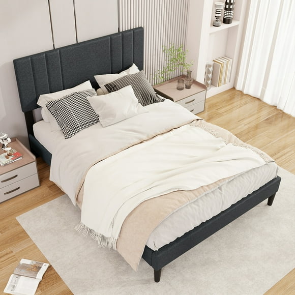 Gymax Full Size Bed Frame w/ Vertical Channel Tufted Headboard & Wooden Slats