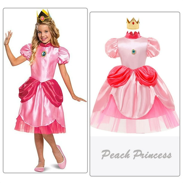 Princess Peach Costume Dress Girls Birthday Party Costume Gift Kids  Halloween Party Dress Up With Crown 