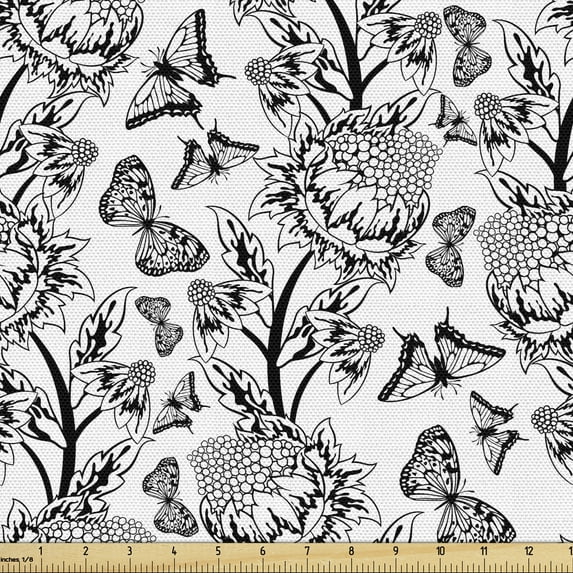 Monochrome Upholstery Fabric by the Yard, Floral Ornamental Pattern Monochrome Hand-Drawn Antique Design, Decorative Fabric for DIY and Home Accents, 1 Yard, Charcoal Grey and White by Ambesonne