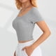 thumbnail image 3 of Top de cuello redondo de punto acanalado gris para mujer, corte ajustado, color puro, estilo elegante para la oficina, talla M, 3 of 4