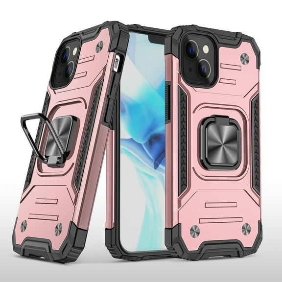Compatible with iPhone 14 Case,Shockproof Magnetic 360°Rotatable Ring Kickstand Slim Phone Cover,Rosegold