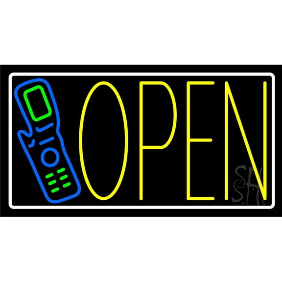 Open Cellular Phone LED Neon Sign 20 x 37 - inches, Clear Edge Cut Acrylic Backing, with Dimmer - Bright and Premium built indoor LED Neon Sign for Computer & Electronics store decor.