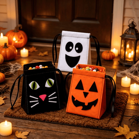 Halloween Felt Treat Bags 5x7 Inch, Pumpkin Ghost Cat Goodie Bags with Drawstrings for Trick or Treat Candy Party Favors (Black)