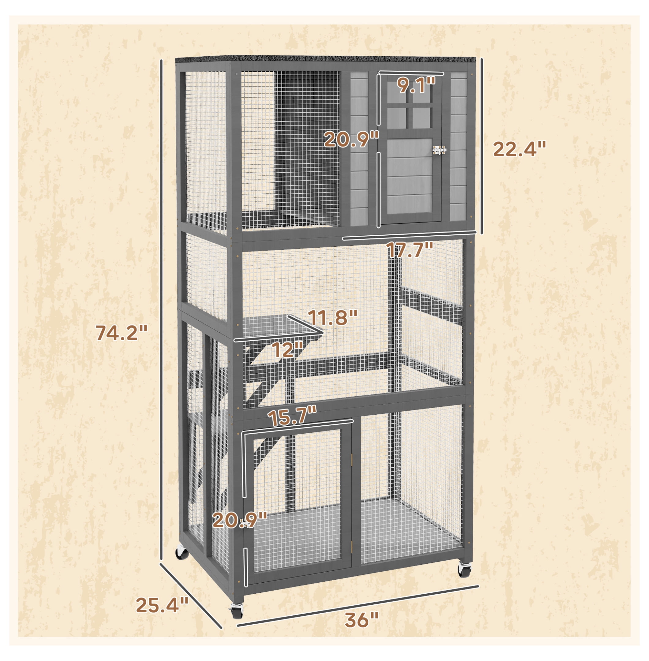 74" Wooden Catio Outdoor Cat House Weatherproof & Wheeled, Outside Cat Enclosure with High Weight Capacity, Kitten Cage Condo, Light Gray