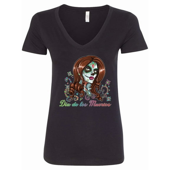 Inktastic DÃ­a De Los Muertos in Sugar Skull Makeup Women's V-Neck T-Shirt
