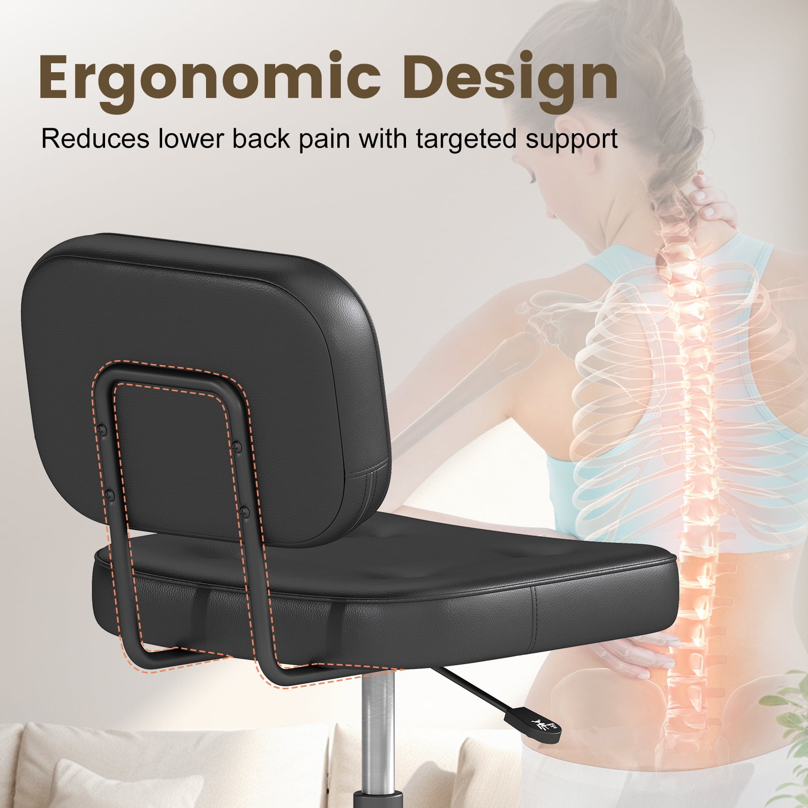 YERAIRR Armless Office Chair with Wide Seat,Home Computer Desk Chair Thickened Cushion PU Leather Swivel Upholstered Vanity Chair