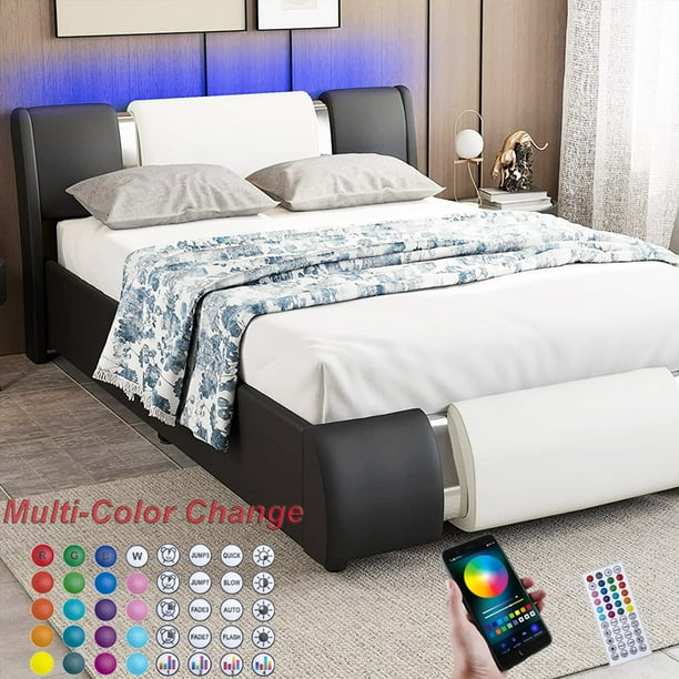 Faux Leather Bed Frame With LED Light & Adjustable Headboard, Full Size Modern Upholstered