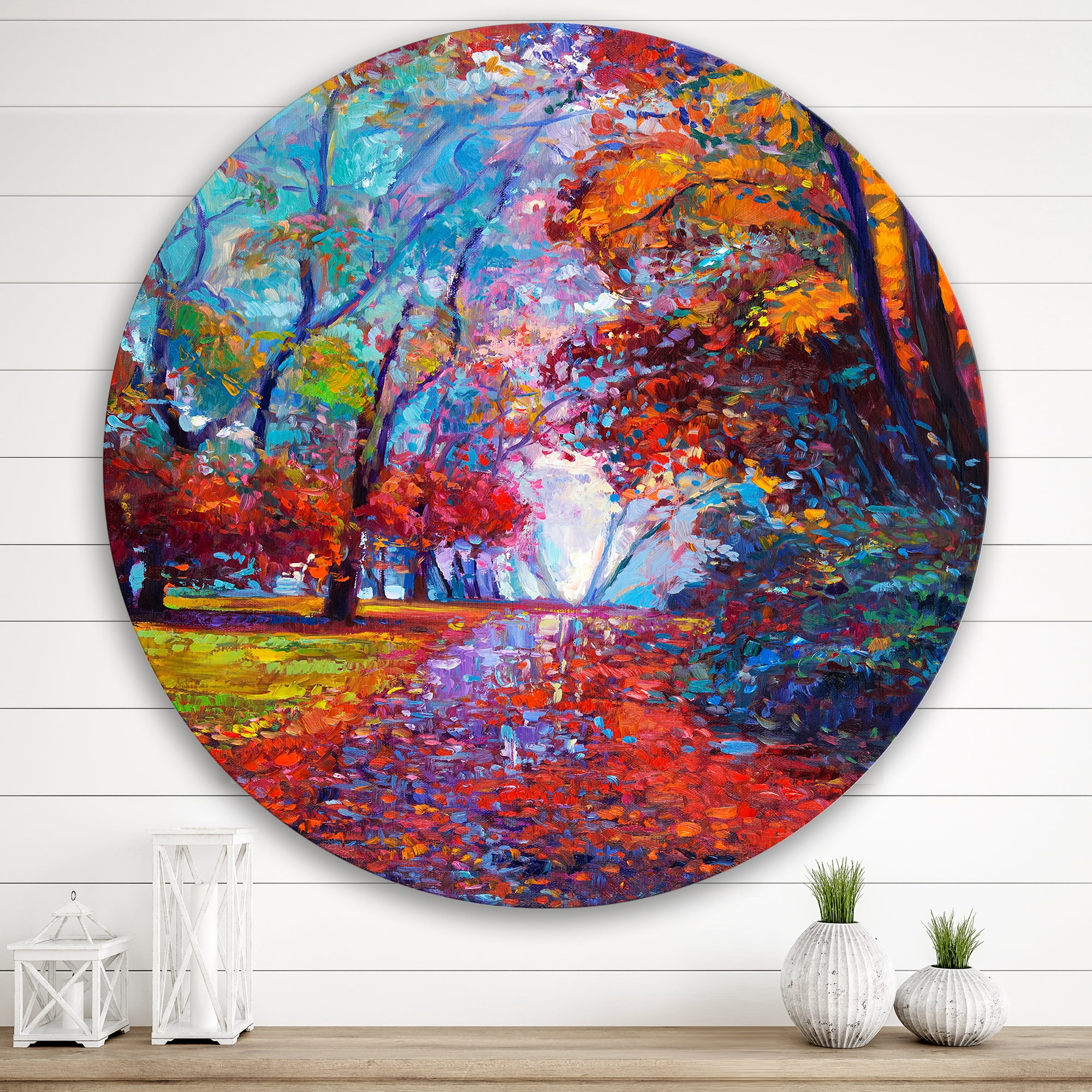 Designart 'Red Autumn Landscape With Little Road' Traditional Circle Metal Wall Art 29x29 - Disc of 29