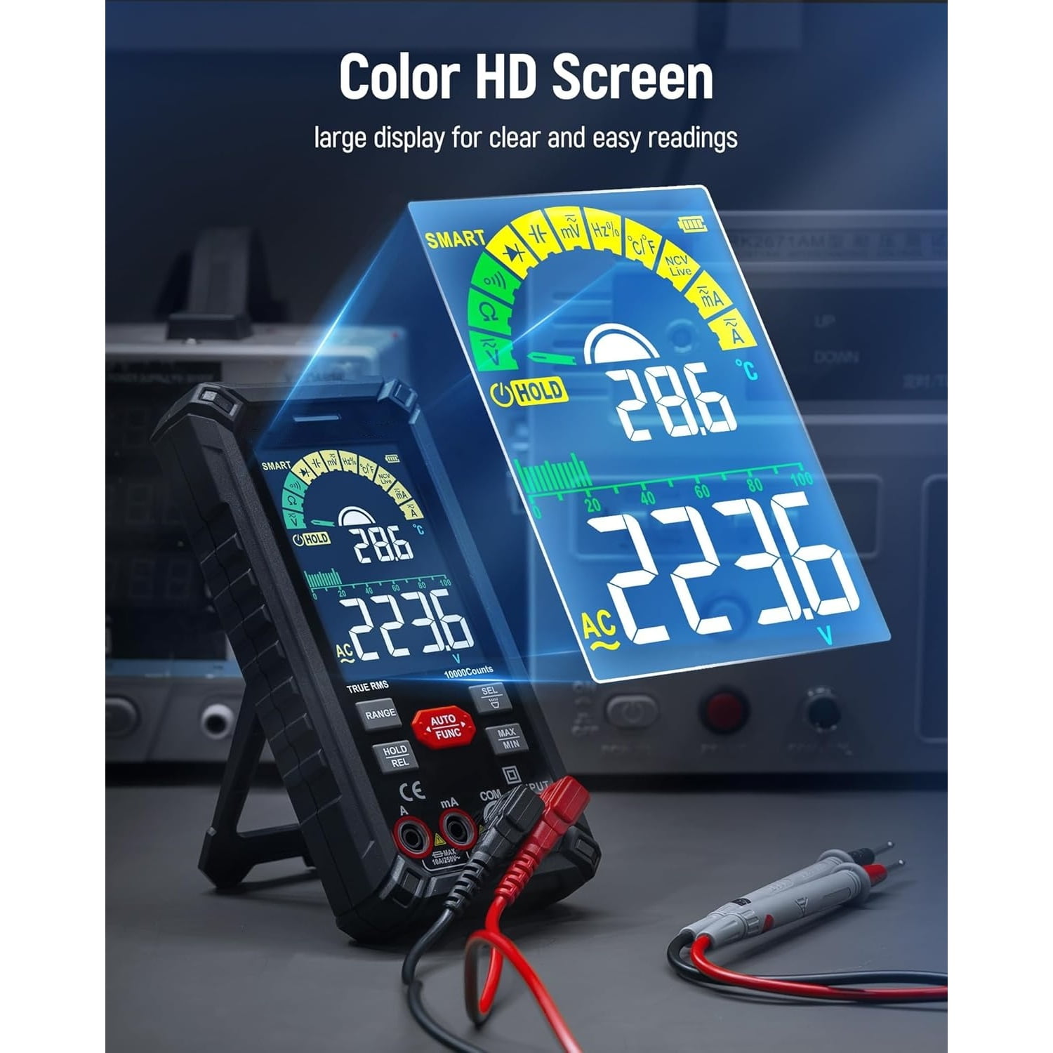 Digital Multimeter 10000 Counts TRMS Auto Ranging, Rechargeable Smart Multimeter, Color LCD Screen Volt Meter, Measures Voltage, Current, Resistance, Continuity, Capacitance, Frequency