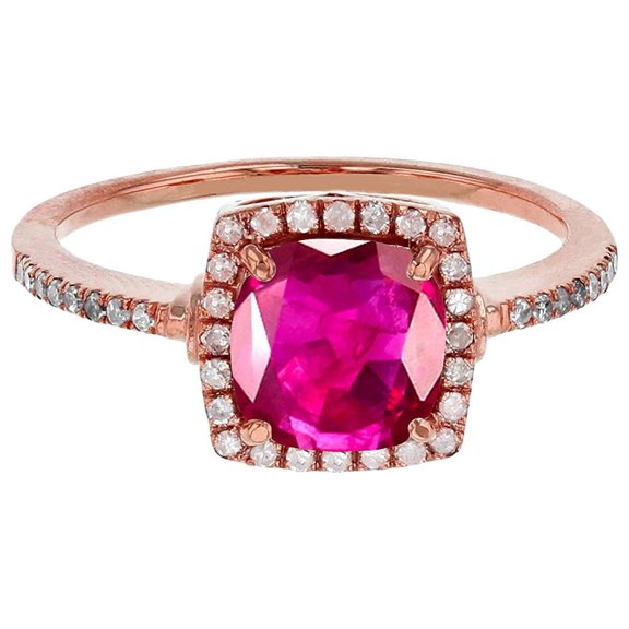 Decadence Sterling Silver Rose 7mm Cushion Cr Ruby & Cr White Sapphire Halo Ring