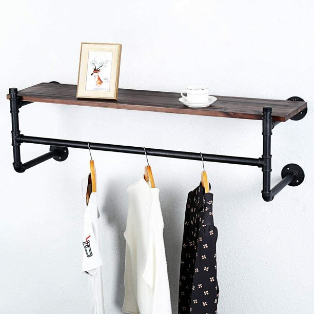 Industrial Pipe Clothing Rack Wall Mounted Wood Shelf,Pipe Shelving