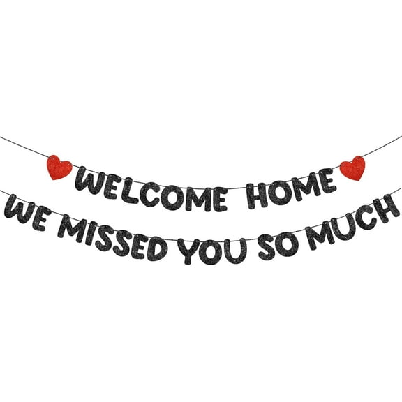 Pre Strung Welcome Home We Missed You So Much Banner Glitter Welcome Home Sign for Party Decorations Military Army Returning, Homecoming, Family(Black,Red)