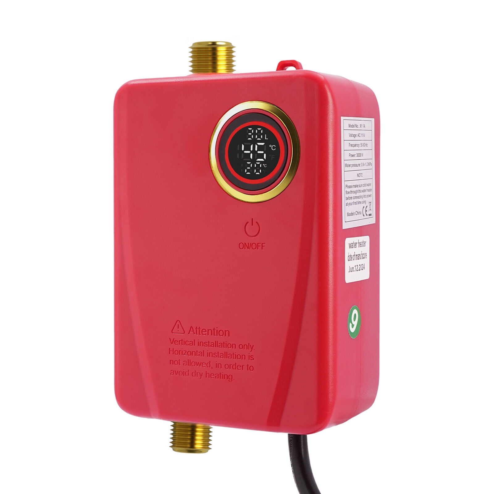 Modern Mini Tankless Water Heater Electric 68-122F° Electric Instant Hot Water Heater with LED Display On Demand Hot Water Heater Electric Wall Mounted Portable Hot Water Heater (Red,3000W 110V )