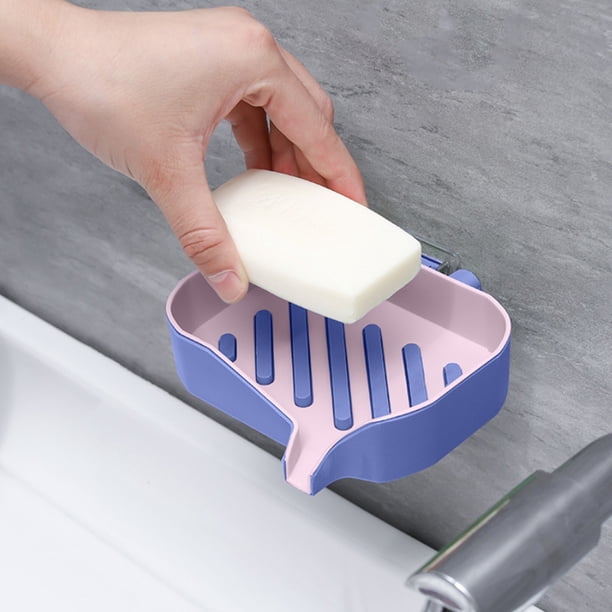 Jabonero de doble capa, Organizador de baño montado en la pared, Rejilla de drenaje no perforada, Plástico azul, 13x9x3cm/5x3.5x1.2in, Fácil de instalar con adhesivo, No se necesita taladro, Diseño