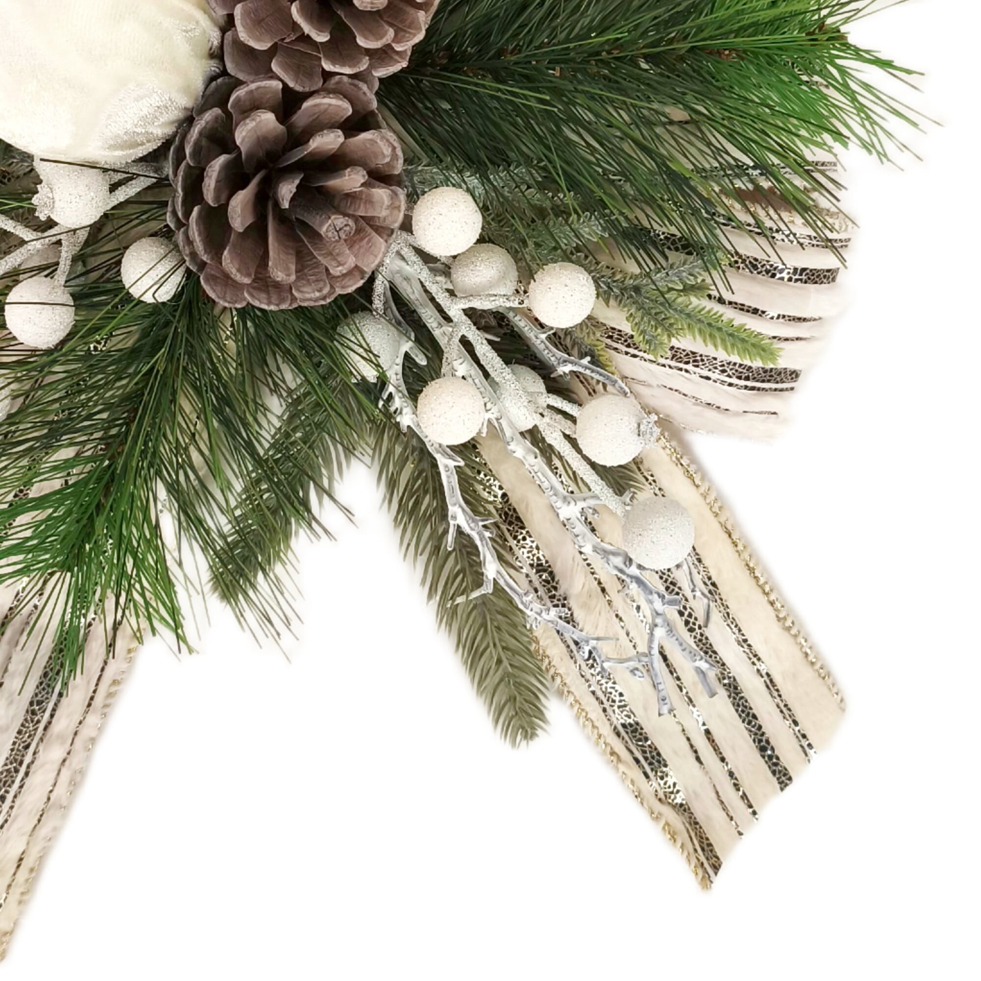 White Berries Christmas Floral Bow Decor, 13" Tall, Holiday Time, HOLIDAY TIME PL WHITE BERRY FLRL BOW