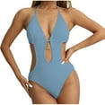 thumbnail image 2 of Summer One Piece Swim Suits For Women 2026 Solid Color V-neck Suspenders Backless Navy Bathing Suits∣M, 2 of 3