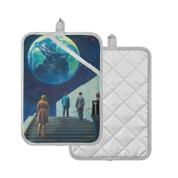 Yayeee Pot Holders Kitchen Heat Resistant with Pocket 7"x9.8" Cotton Oven Cooking Hot Pads, Blue Planet