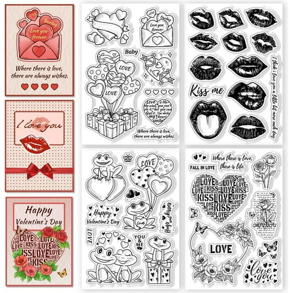 1 Set 4PCS Valentine's Day Clear Stamps Heart Flowers Frog Transparent Stamp Love Lips Silicone Clear Stamp Seals for DIY Scrapbooking Journaling Photo Album Decorative Card Making