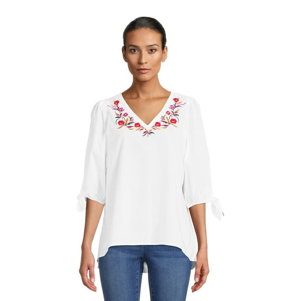 The Pioneer Woman V-Neck Tie Cuff High Low Blouse, Women's - Walmart.com