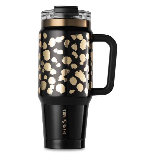 32oz black stainless steel insulated tumbler with handle, gold dot pattern, dual straw lid, branded Thyme & Table.