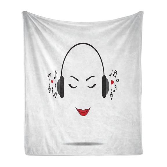 Music Soft Flannel Fleece Blanket, Young Lady Listening to Music Earphones Smiling Close Eyed Girl Enjoy Melody Theme, Cozy Plush for Indoor and Outdoor Use, 50" x 70", Black White, by Ambesonne