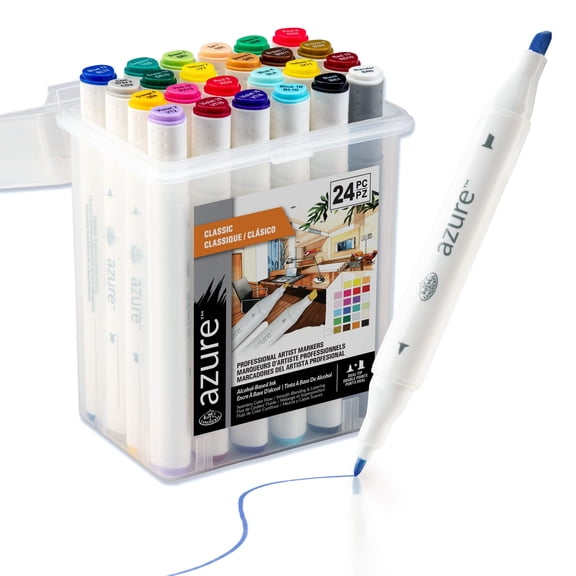 Royal & Langnickel Azure Alcohol Markers, with Case, Fine and Broad Chisel, Assorted Colors, 24 Count