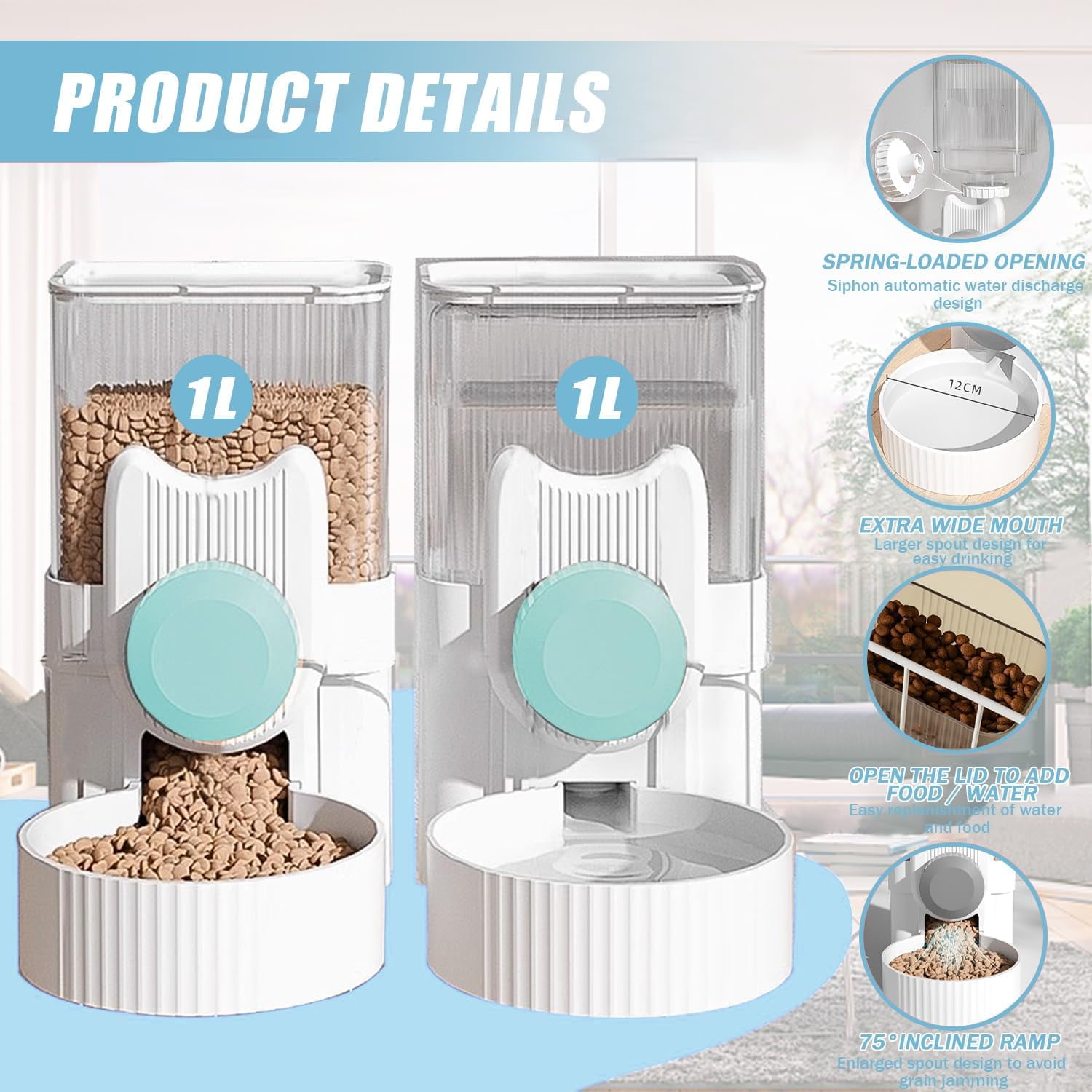 Hanging Automatic Rabbit Feeder and Water Dispenser Set, Gravity Rabbit Feeder Waterer for Cage, Small Animal Hanging Bottle Bowl Set, Food Water Dispenser for Cat Dog Bunny Guinea (Blue)