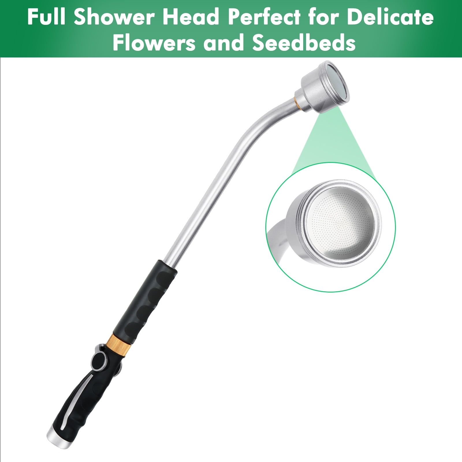 Restmo 24 Inch Metal Watering Wand, Gentle Shower Sprayer with Thumb Flow Control, Heavy Duty Garden Hose Wand for Hanging Baskets, Shrubs, Flowers, Silver
