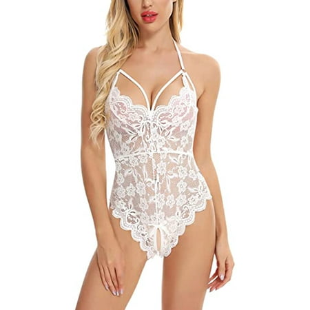 

wybzd Women s Lace Bodysuit Lingerie Solid Color V-Neck Backless Hanging Neck Open Crotch Open File Bodysuit Nightwear White XL