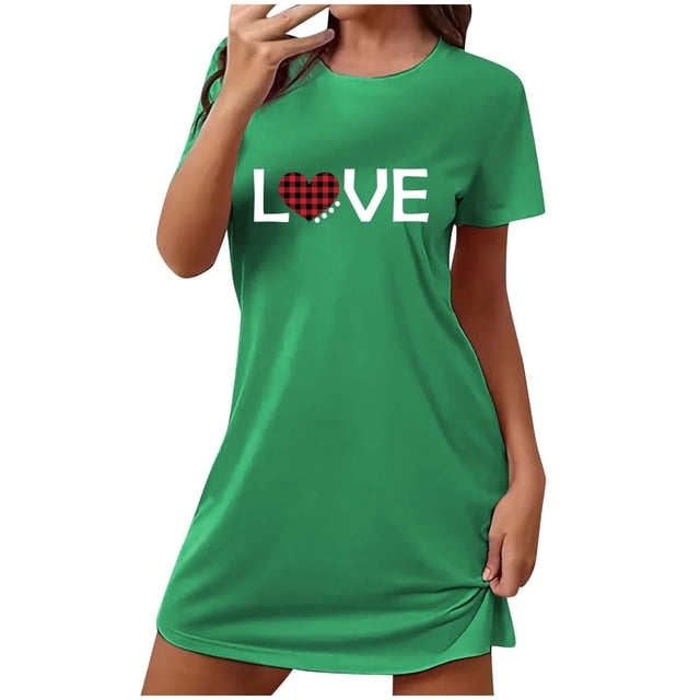 Duds Pyjamas pour Femmes Chemises de Nuit pour Femmes Manches Courtes Chemises de Nuit pour Dormir Nuisette à Enfiler Douce Mignonne Imprimée Robe de Nuit Robes pour Femmes Vêtements de Nuit Robe de Pyjama Vert P