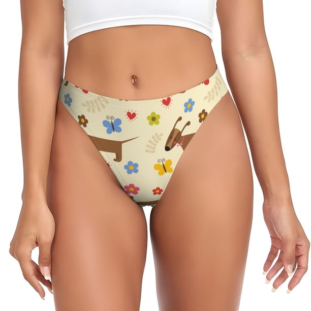 Balery Dachshund Dog And Flower Tangas de Algodón para Mujer con Estampado – Ropa Interior Sexy, Transpirable, G-string-Small