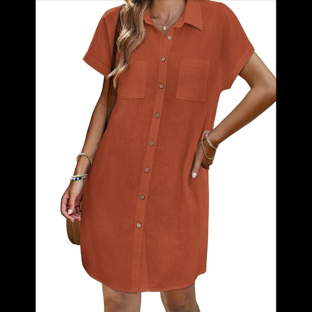 Vestido Camisero Informal de Verano para Mujer, de Algodón y , con Escote en V, Botones, Corta y Cintura Holgada, Color Naranja y Rojo Talla M