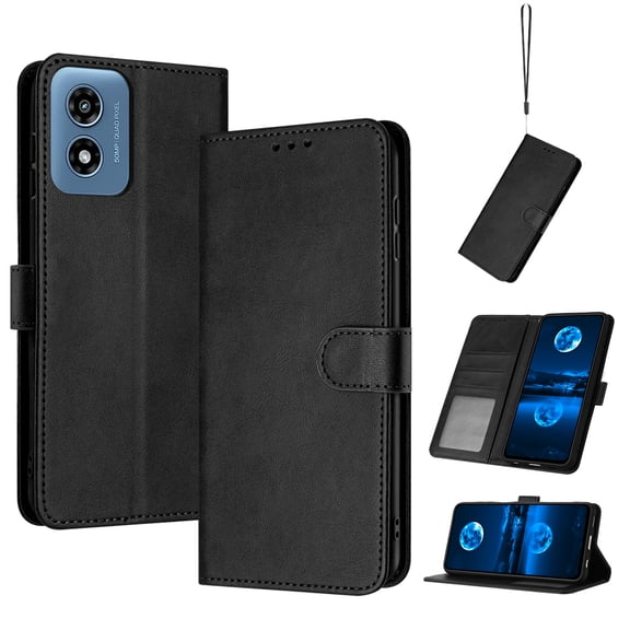 Decase Case for Moto G Play 4G (2024), Flip Wallet Case with Wrist Strap, Shockproof PU Leather Cover Built-in Stand,Black