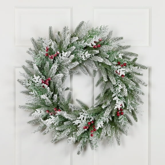 Northlight Real Touch™️ Flocked Wind River Fir with Berries Artificial Christmas Wreath - 24" -