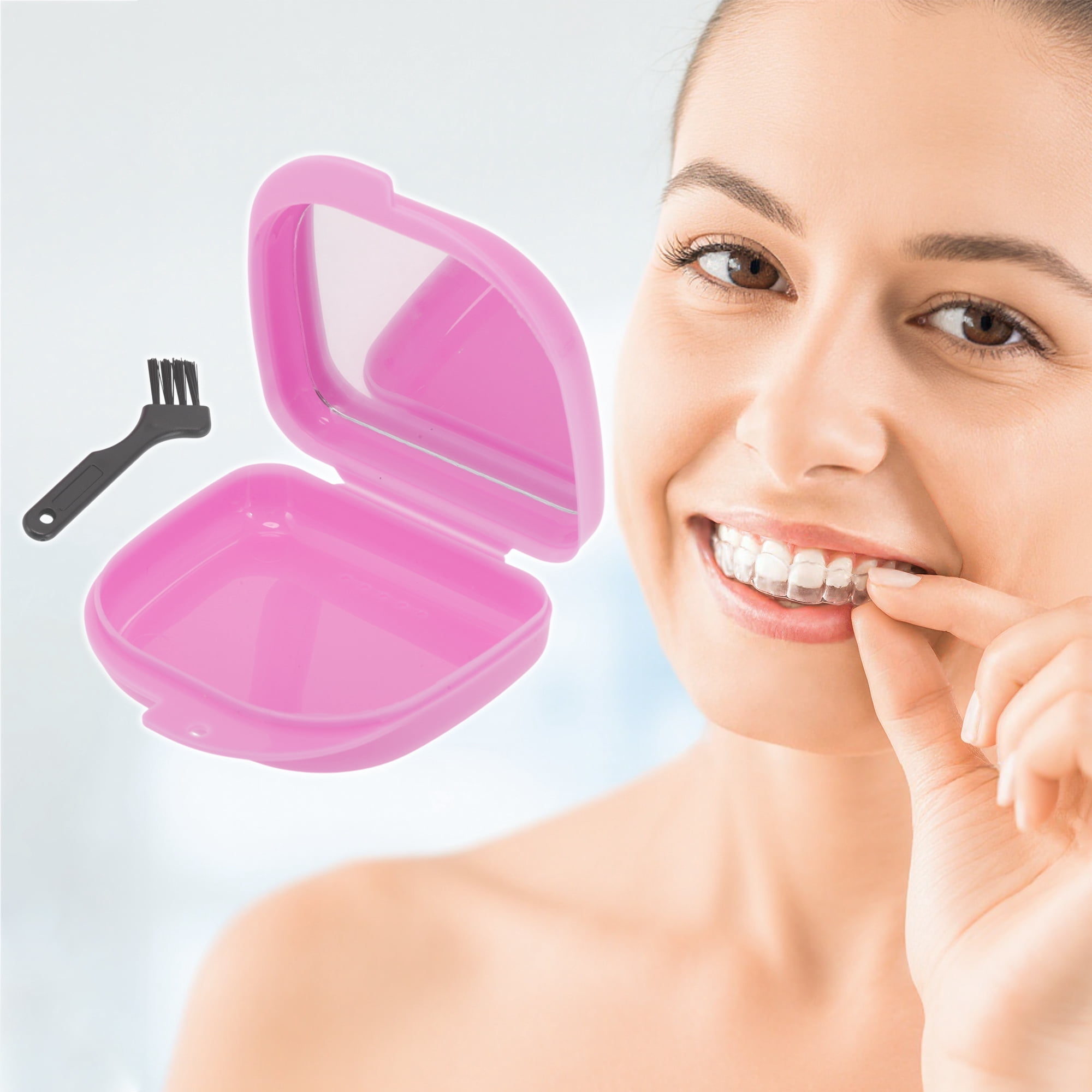 Unique Bargains Compact Braces Box with Brush 1 Set Pink