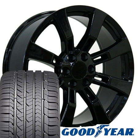 22x9 Wheels Fits GMC Chevy Trucks - Cadillac Escalade CA82 Black, Goodyear Tires, Lugs, TPMS SET, Hollander 5409 - SET