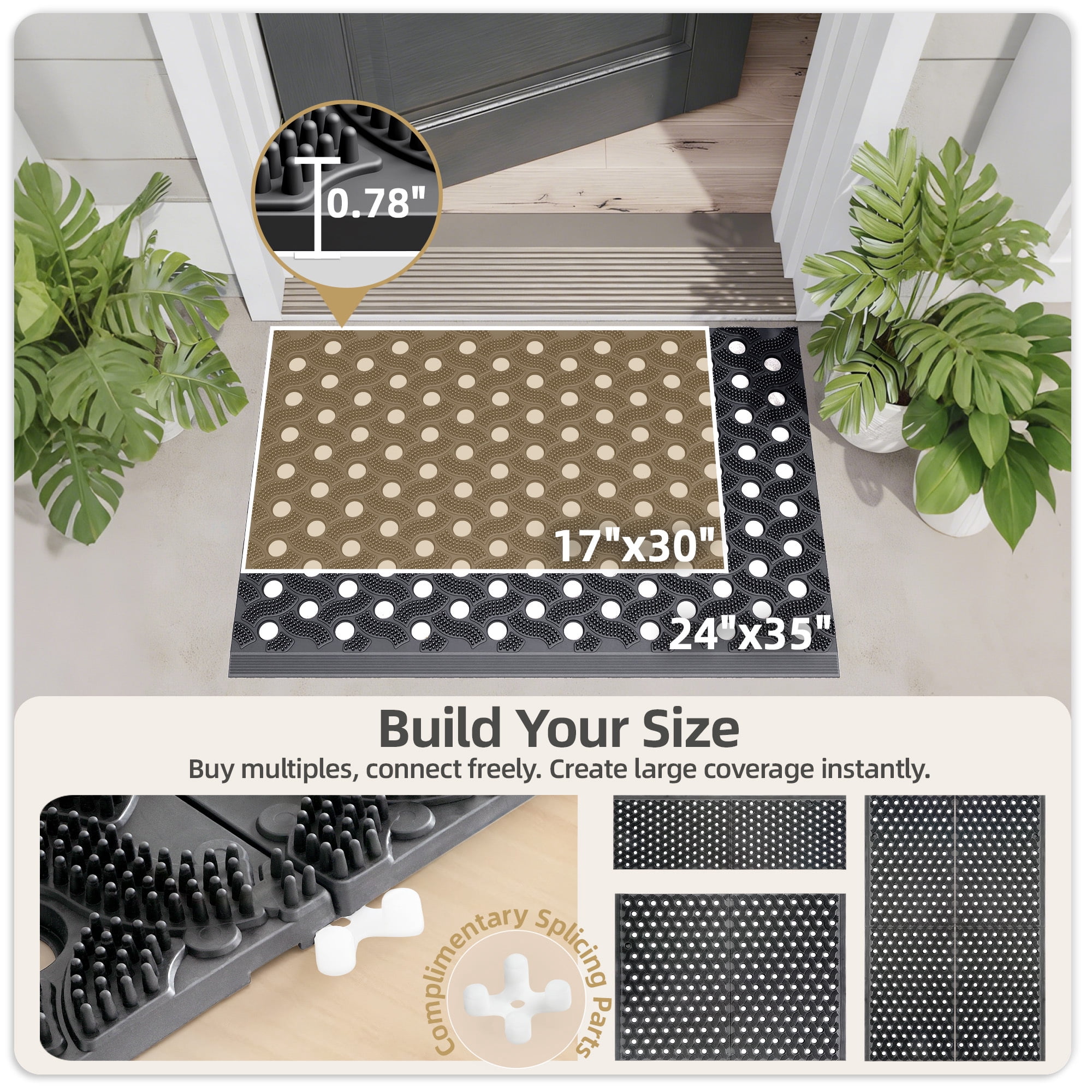 PABUBE Outdoor Doormat ,Durable Interlocking Welcome Mat, Dirt Trapper Rubber Mat and Non-Slip Low Pile Doormat for Entry Rug,Gray, 24" x 35"